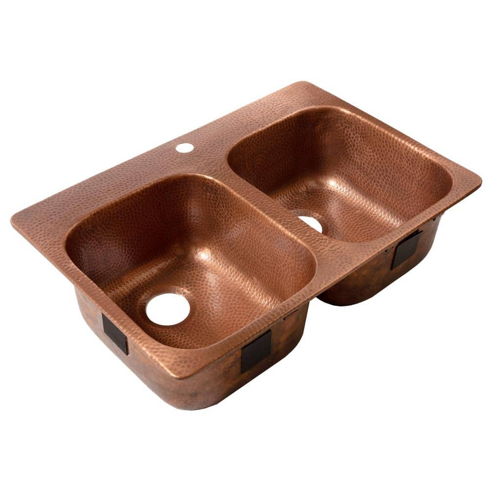 SINKOLOGY Santi 33 in. 1-Hole Drop-In Double Bowl 16 Gauge Antique Copper Kitchen Sink