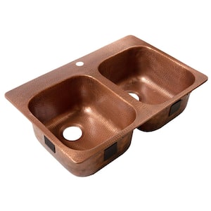 Santi 33 in. 1-Hole Drop-In Double Bowl 16 Gauge Antique Copper Kitchen Sink
