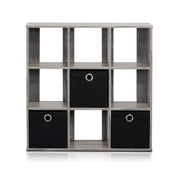 Furinno Simplistic 26.5 in. Tall French Oak Grey Wood 9-Shelf Open Shelf Bookcase with Bins