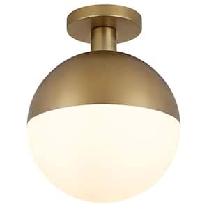 Orb 9.75 in. Antique Brass and White Semi Flush Mount with Glass Shade