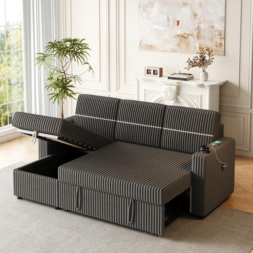 Dark Grey 85 in. Corduroy Chenille 3 Seater Sofa Bed Storage Chaise, Square