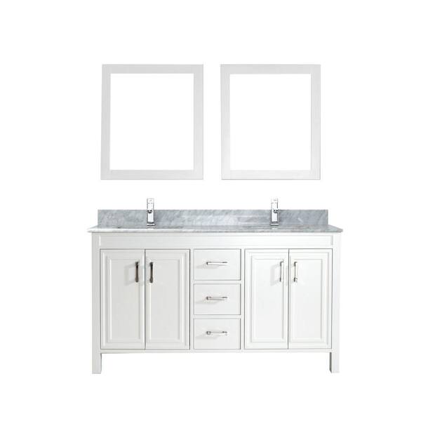ART BATHE Dawlish 60 in. Vanity in White with Marble Vanity Top in Carrara White and Mirror