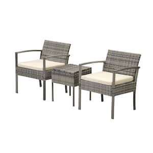 Gray 3-Piece Wicker Patio Conversation Set Outdoor Bistro Set Furniture Set with Beige Cushions and Side Table
