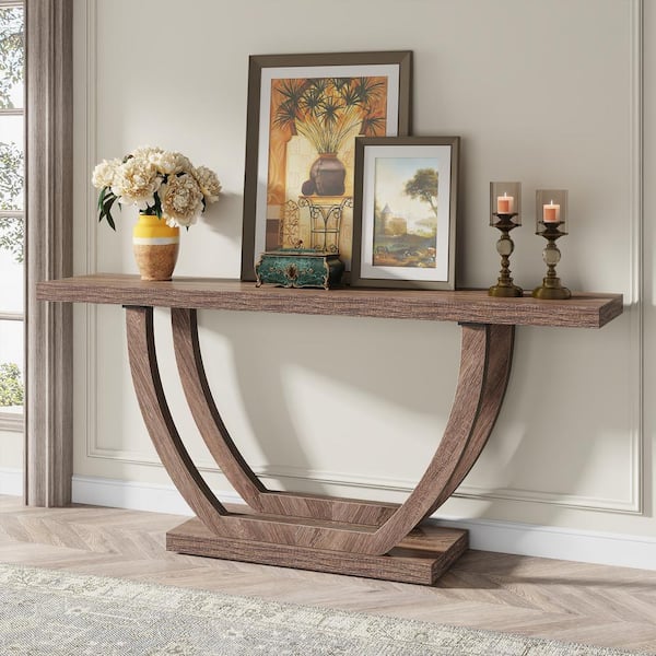 Catalin 63 in. Brown Rectangular Sofa Table Wood Console Table with 2-Tier Shelf