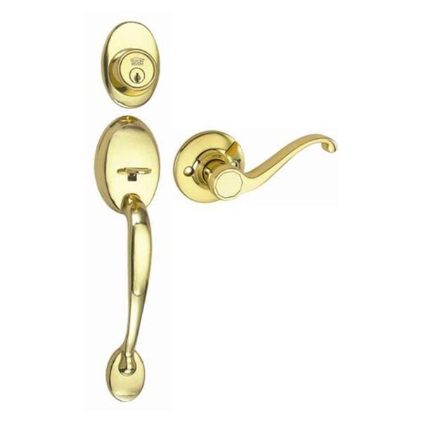 Design House Coventry Polished Brass Door Handleset with Scroll Lever Interior and Single Cylinder Deadbolt