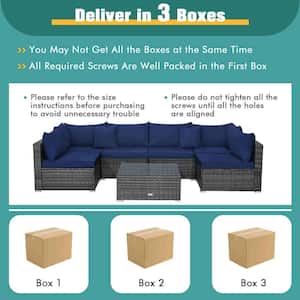 7-Piece Patio Rattan Furniture Set Sectional Sofa Cushioned Garden Navy