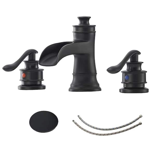 Fapully 8 in. Widespread 3-Holes 2-Handle Mid-Arc Bathroom Faucet with Pop Up Drain and Supply Lines in Matte Black
