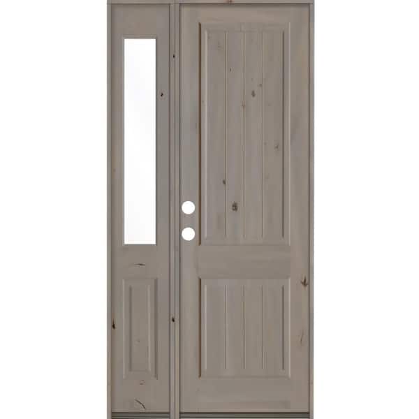Krosswood Doors 44 in. x 96 in. Rustic Knotty Alder 2 Panel Right-Hand/Inswing Clear Glass Grey Stain Wood Prehung Front Door w/Sidelite