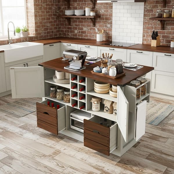 GOGEXX White MDF Wood 54 in. W Farmhouse Kitchen Island with Power