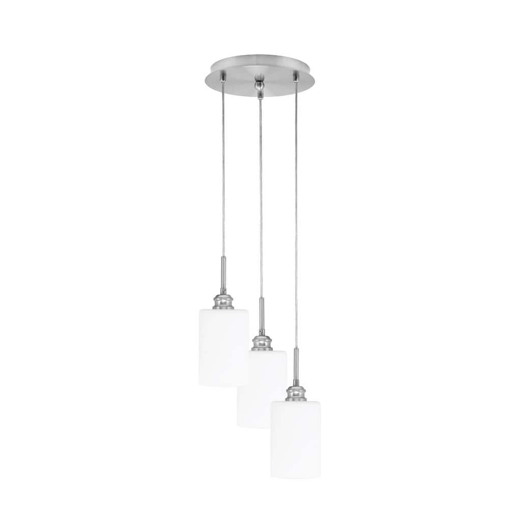Savannah 9.5 in. 3-Light Brushed Nickel Cord Pendant Light White Muslin Gla