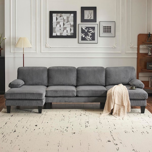 111 in. Pillow Top Arm 3-Piece U-Shaped Corduroy Mordern Sectional Sofa in Gray