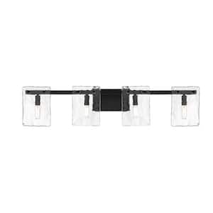 Genry 35 in. 4-Light Matte Black Bathroom Vanity Light with Clear Rippled Glass Panes
