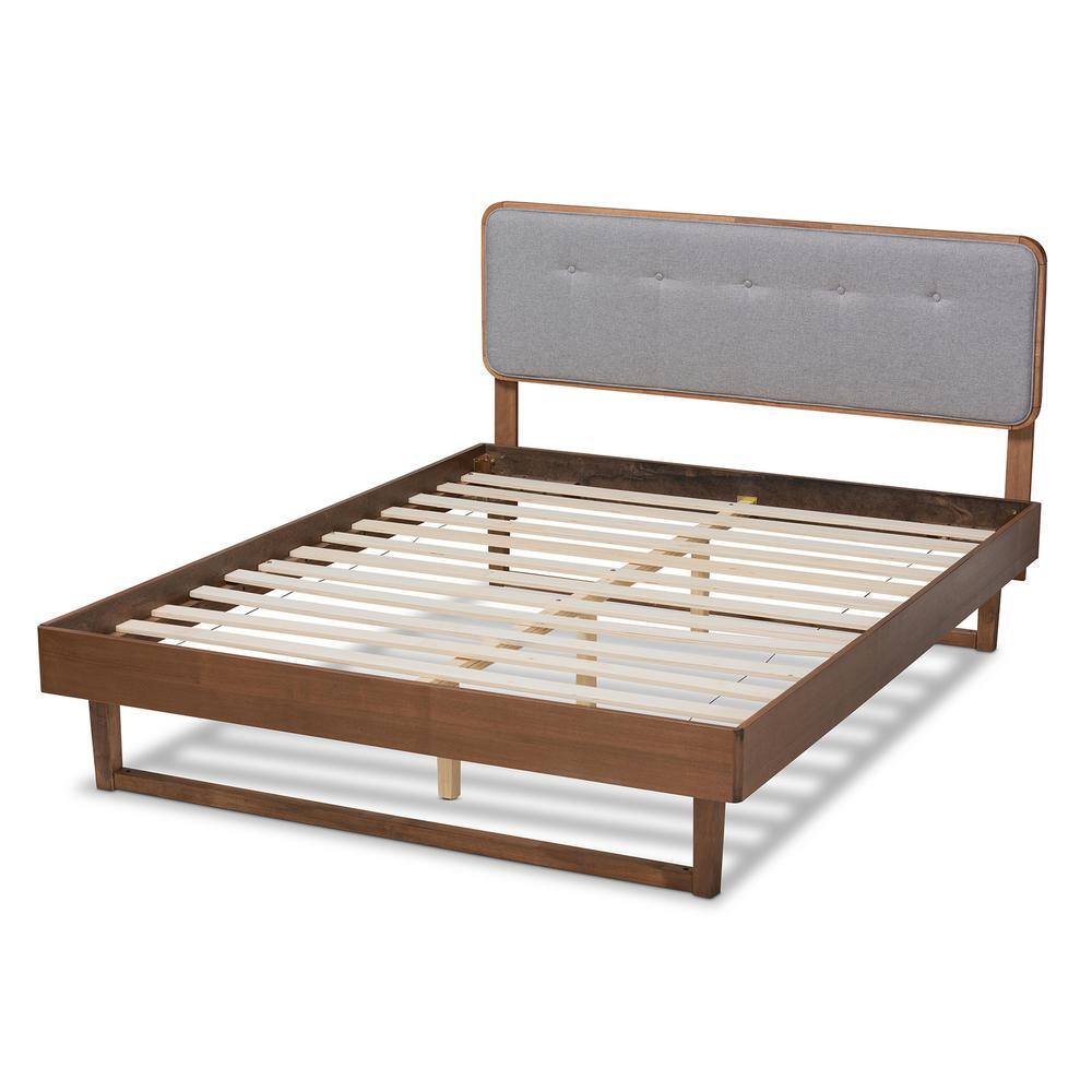 King Light Gray and Walnut Upholstered Platform Bed with Tufted Headboard