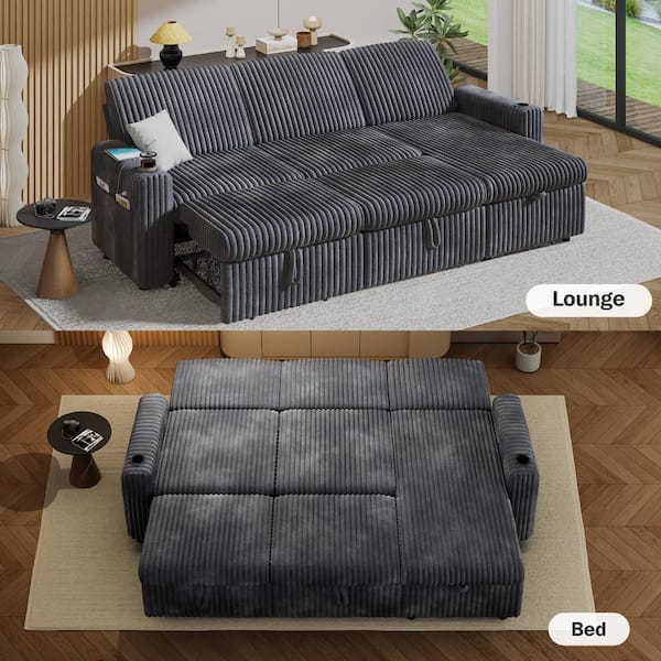 101 inch Sectional Sleeper Sofa Bed with Pull Out Bed,Reclining Backrest/Reversible Storage Chaise,Beige Corduroy