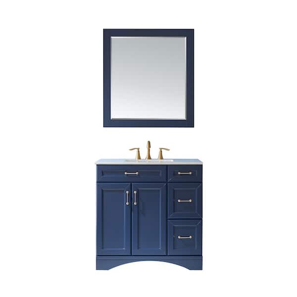 ROSWELL Naples 36 in.W x 22 in. D x 35.9 in. H Bath Vanity in Royal Blue with Carrara White Marble Vanity Top with Mirror