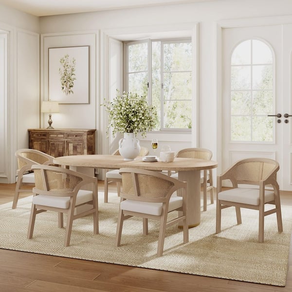 Tammy 7-Piece Light Ash Oval Wood Top Dining Table Set Seats 6 and Beige Upholstery Chairs with Rattan Back