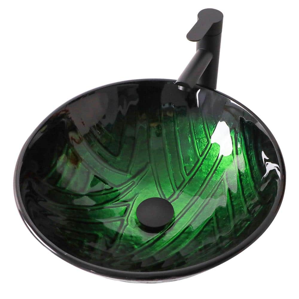 Green Tempered Glass 16.5 in. L x 16.5 in. W x 5.3 in. H Round Vessel Bathroom Sink Art Basin with Faucet/Drain price history on PriceWatchPro
