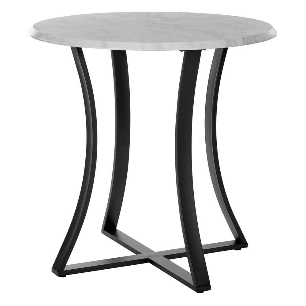 36" Round White Faux Marble Counter Height Table with Black Metal Base