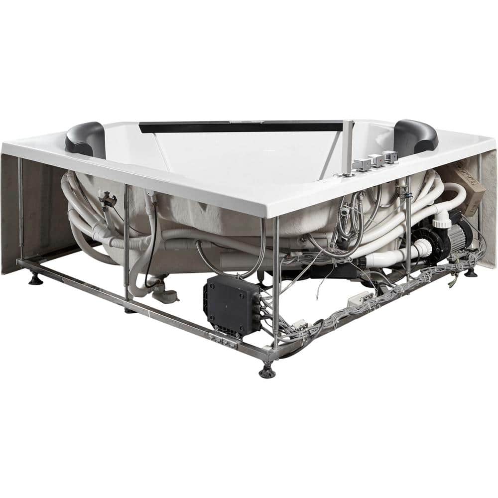 59'' White Acrylic Corner Whirlpool Bathtub with Glass Panel
