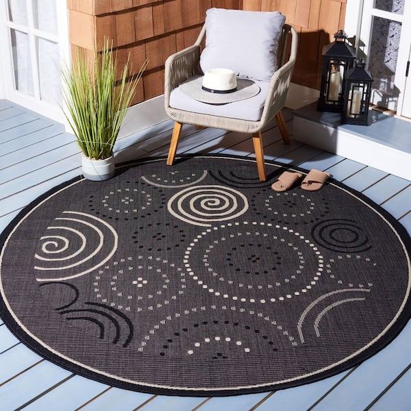 Courtyard Black/Sand 7 ft. x 7 ft. Round Border Indoor/Outdoor Patio  Area Rug