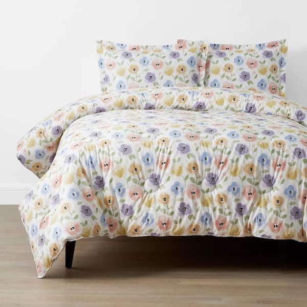 The Company Store Company Kids Pastel Poppies White Multi Organic Cotton Percale Full/Queen Comforter Set