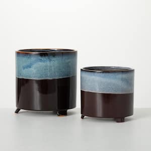 8.25 in. and 6.25 in. Blue Reactive Glaze Finished Ceramic Pots (Set of 2)