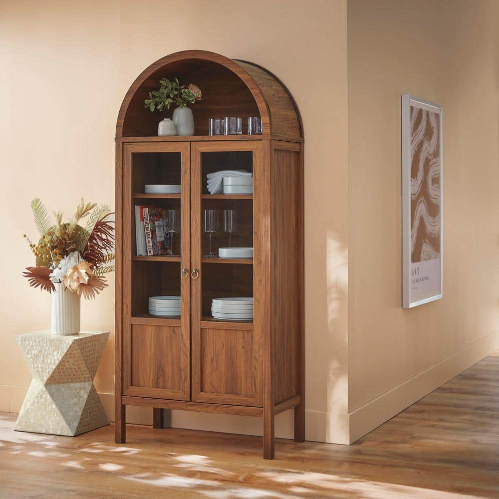 Tessa Tall Walnut Arched Storage Display Cabinet with Glass Doors