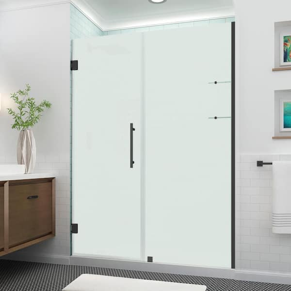 Aston Belmore GS 55.25 in. to 56.25 in. x 72 in. Frameless Hinged Shower Door, Frosted Glass and Glass Shelves in Matte Black
