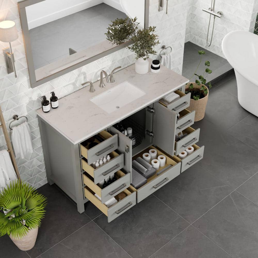 Aberdeen 54" Gray Solid Wood Bathroom Vanity with White Quartz Top