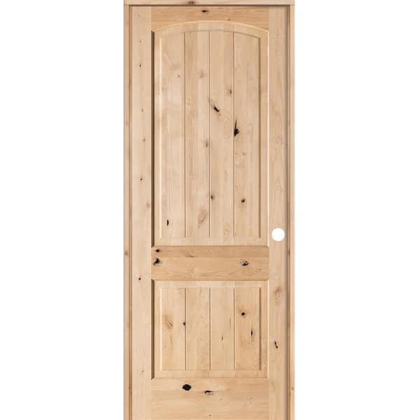 Krosswood Doors 30 in. x 96 in. Knotty Alder 2-Panel Top Rail Arch V-Groove Solid Left-Hand Wood Single Prehung Interior Door