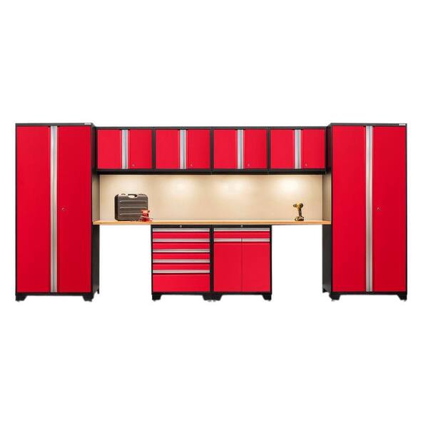 NewAge Products Pro 3 Series 85 in. H x 184 in. W x 24 in. D 18-Gauge Welded Steel Bamboo Worktop Cabinet Set in Red (10-Piece)