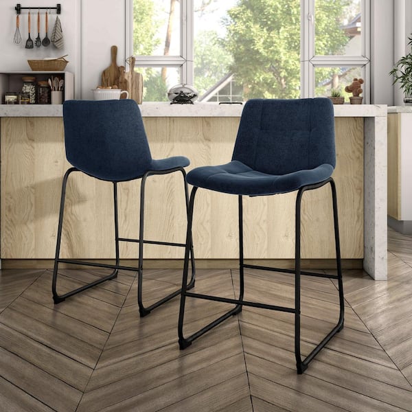Furniture of America Winterfield 22.5 in. Blue Low Back Metal Counter Height Stool with Chenille Fabric Seat Set of 2