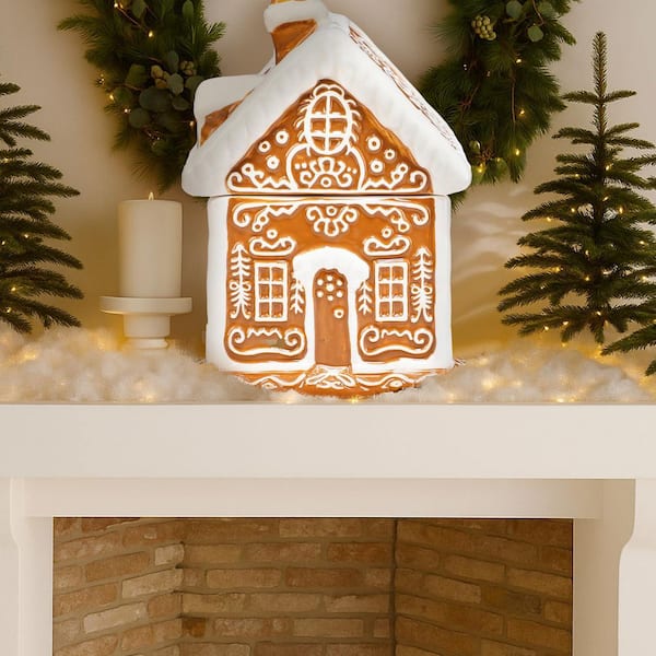 1 Piece Brown and White Ceramic 9.3 in. Gingerbread House Christmas Candy Cookie Jar with Lid for Holiday Decoration