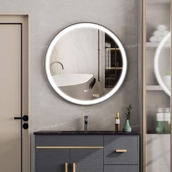 ANGELES HOME 32 in. W x 32 in. H Round Aluminum Framed Wall Anti-Fog 3-Color LED Light Bathroom Vanity Mirror in Matte Black