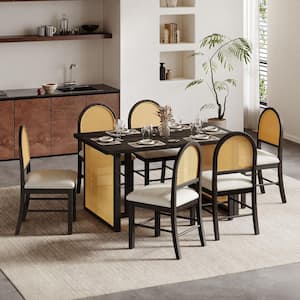 7-Piece Farmhouse Espresso Wood Top Dining Room Set with Rectangular Dining Table 6 Rattan Chairs Seats 6