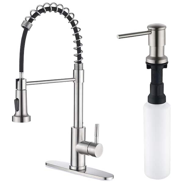 Single Handle Pull Down Sprayer Kitchen Faucet with Soap Dispenser in Brushed Nickel