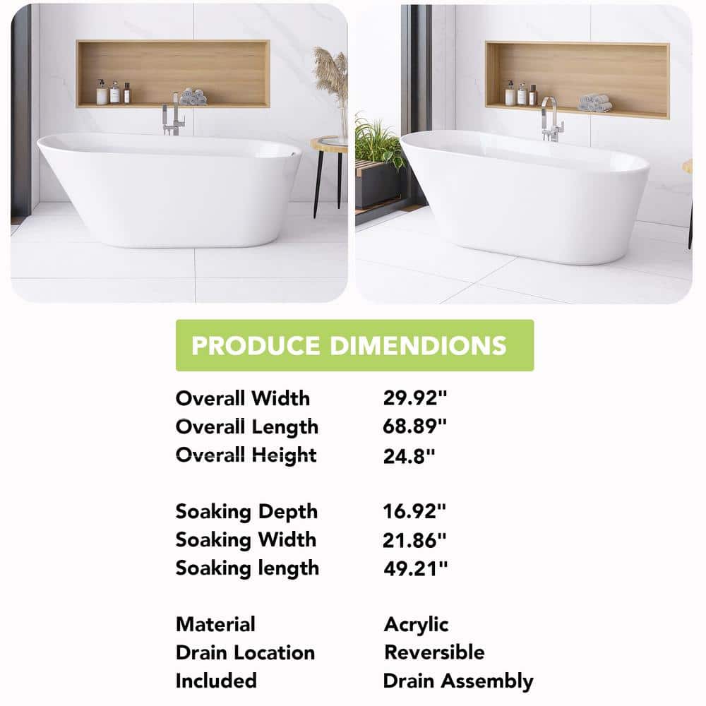 Glossy White Acrylic Freestanding Oval Soaking Bathtub