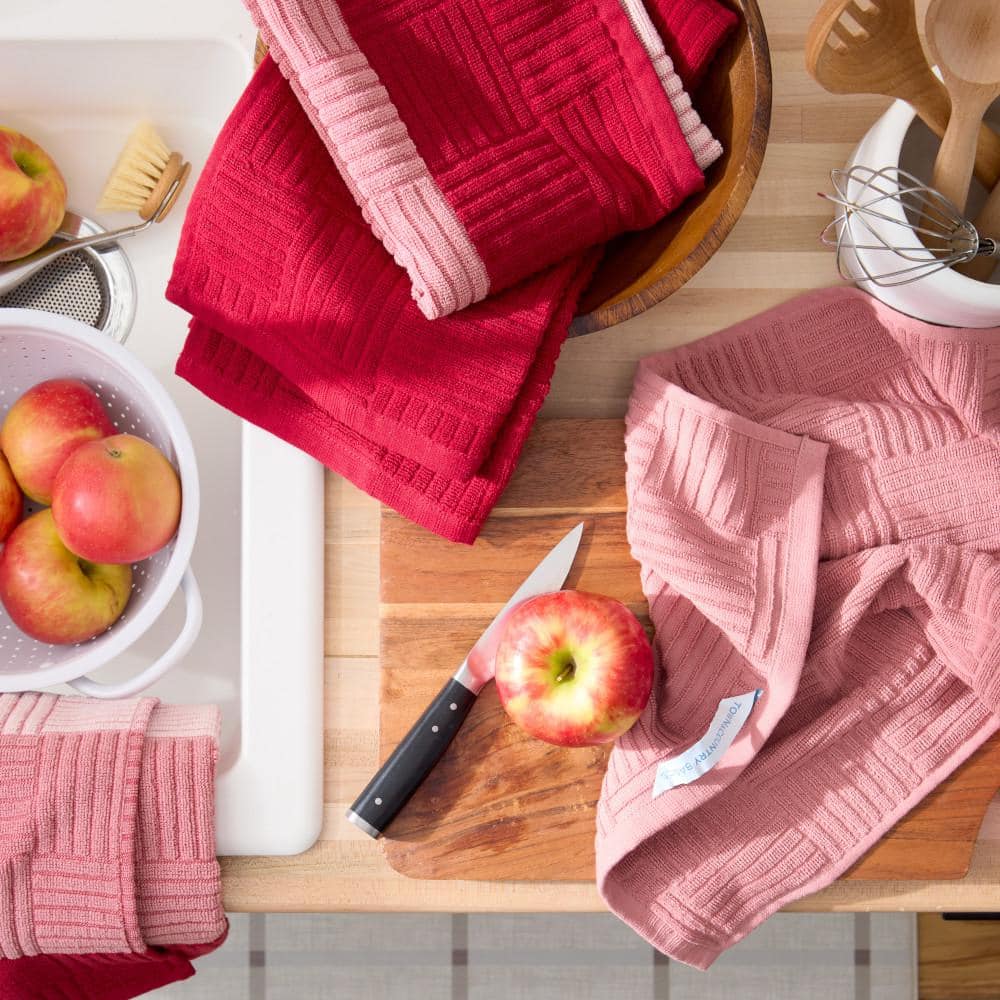 Red and Pink Cotton Terry Kitchen Towel Set, 16" x 28" (Set of 4)
