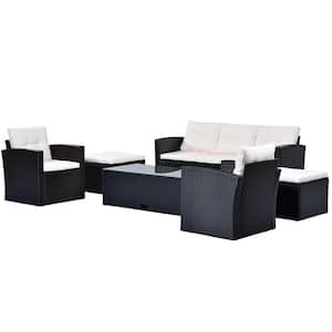 Black 6-piece Wicker Patio Conversation Sectional Seating Set with Beige Cushions