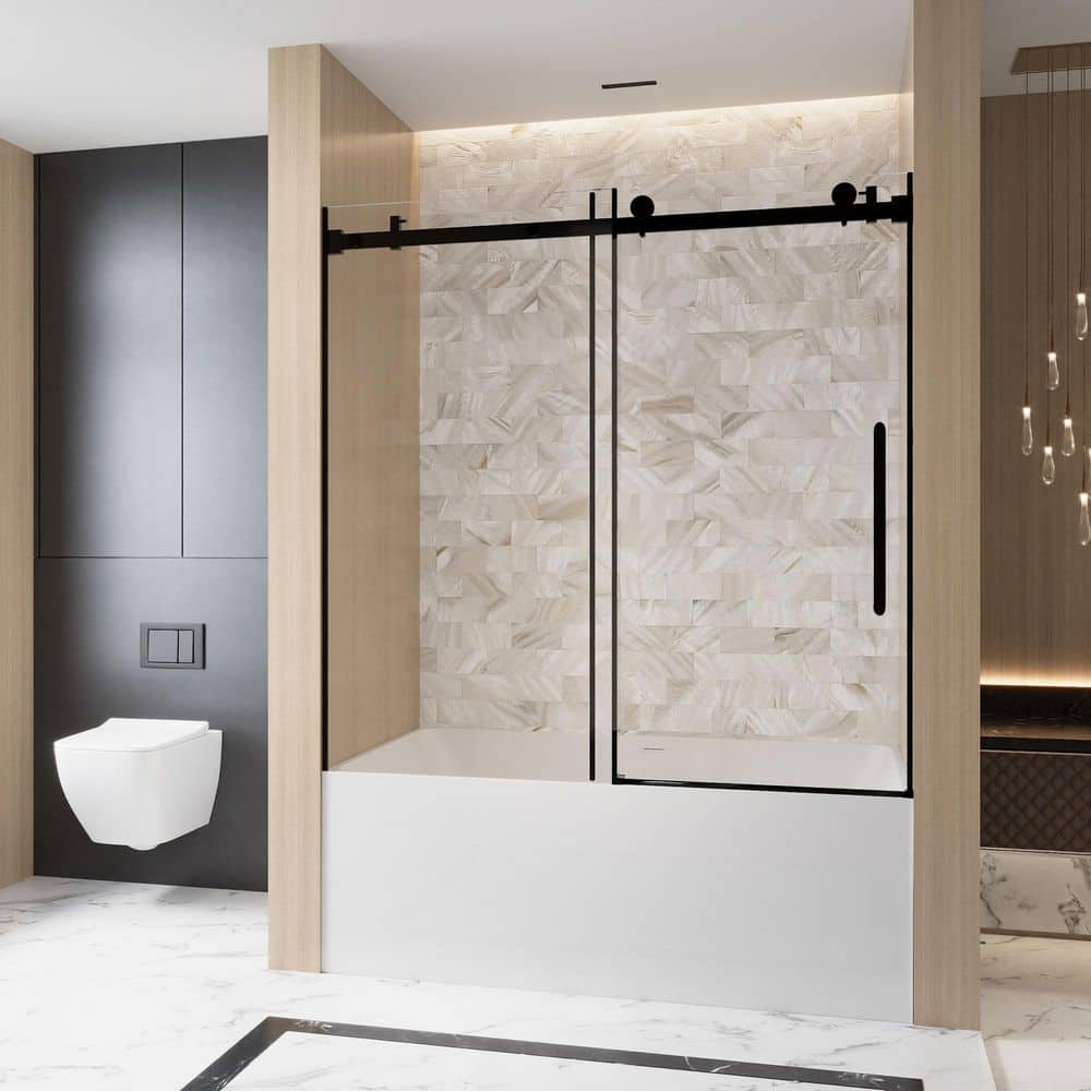 56-60 in. W x 60 in. H Sliding Frameless Tub Door in Matte Black Finish with Clear Tempered Glass price history on PriceWatchPro