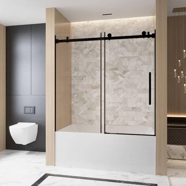 56-60 in. W x 60 in. H Sliding Frameless Tub Door in Matte Black Finish with Clear Tempered Glass