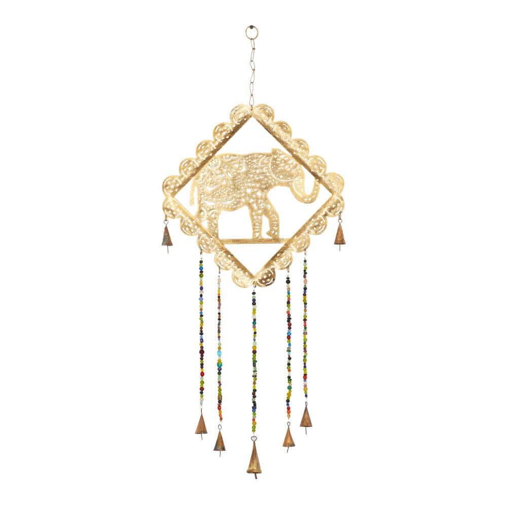 Gold Metal Elephant Windchime with Glass Beads and Bells
