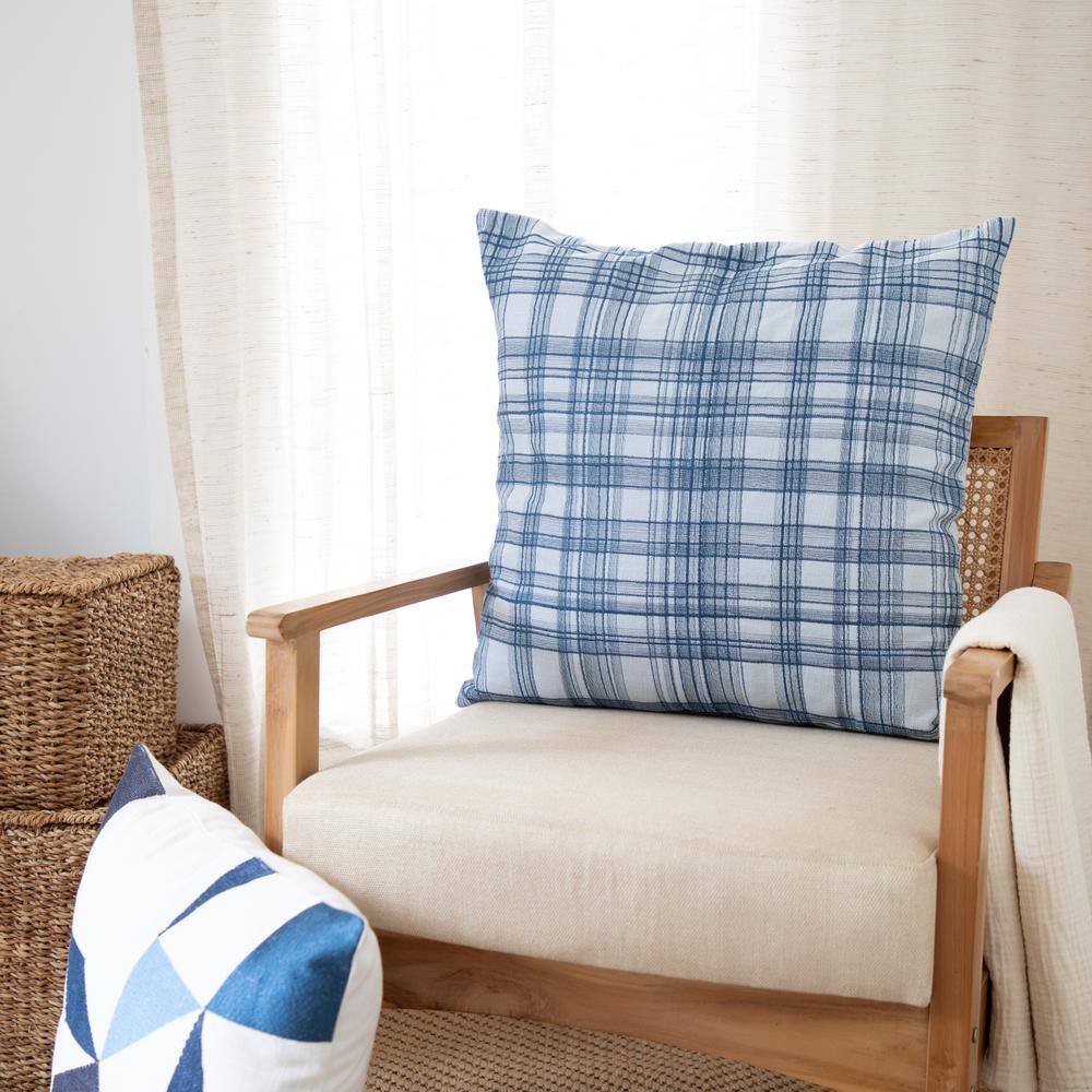 Blue Contemporary Checkered Hand-Woven Cotton Blend Throw Pillow
