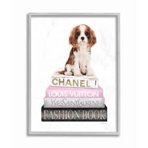 Stupell Industries Adorable Puppy Sitting on Glam Fashion Books Gray Framed Giclee, 16 x 20