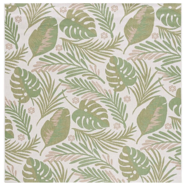 Courtyard Ivory/Green 7 ft. x 7 ft. Leaves Modern Indoor/Outdoor Square Area Rug