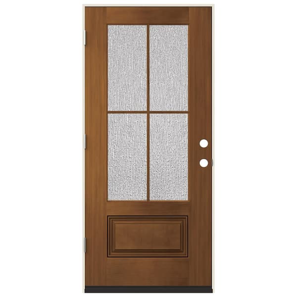 36 in. x 80 in. Right-Hand 3/4 Lite Rain Decorative Glass Mocha Stain Fiberglass Prehung Front Door w/Brickmould 36 in. x 80 in. Right-Hand 3/4 Lite Rain Decorative Glass Mocha Stain Fiberglass Prehung Front Door w/Brickmould