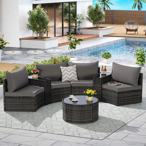 7-Piece Gray Wicker Outdoor Half-Moon Sectional Set with Dark Gray Cushions Tempered Glass Round Coffee Table