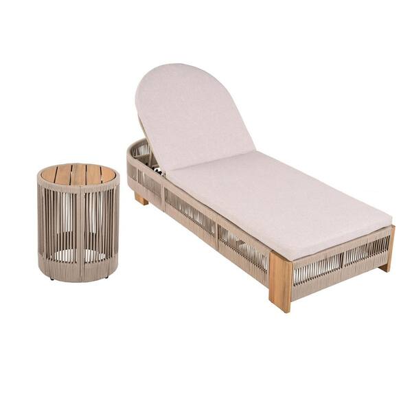 Wood Rope Outdoor Chaise Lounge with Wood Side Table and Beige Cushions, Adjustable Backrest