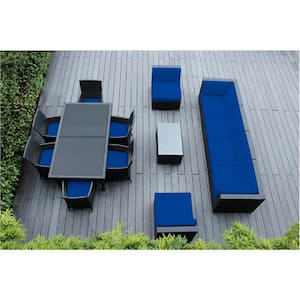 Black 14-Piece Wicker Patio Combo Conversation Set with Sunbrella Pacific Blue Cushions
