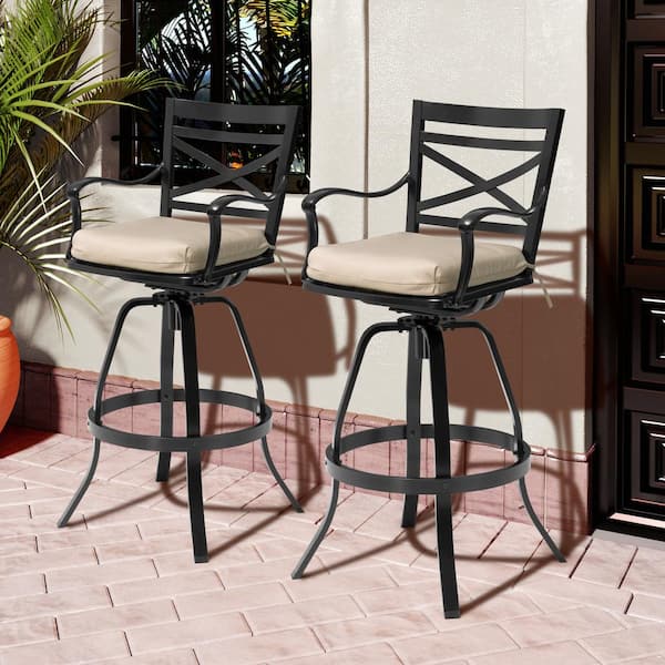 Swivel Cast Aluminum Outdoor Bar Stool with Sunbrella Canvas Antique Beige Cushion (2-Pack)